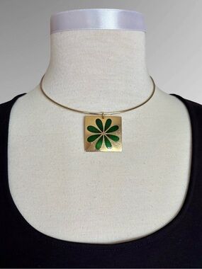 Vintage 70s DePassillé-Sylvestre Gold-Tone Floral Enamel Pendant Choker Necklace